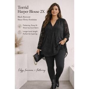 Torrid Harper Blouse 2X Black Burnout Sheer Tunic Flowy Feminine Whimsygoth